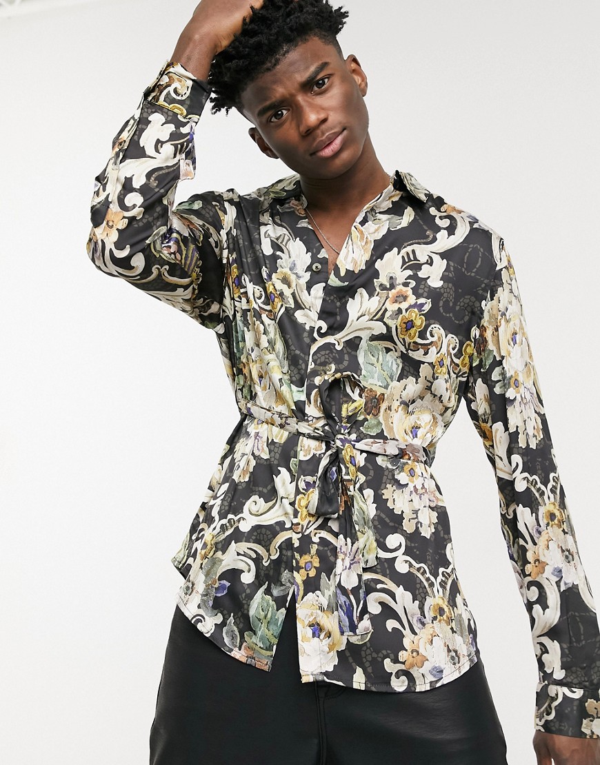 ASOS DESIGN floral belted wrap kimono shirt in gold floral