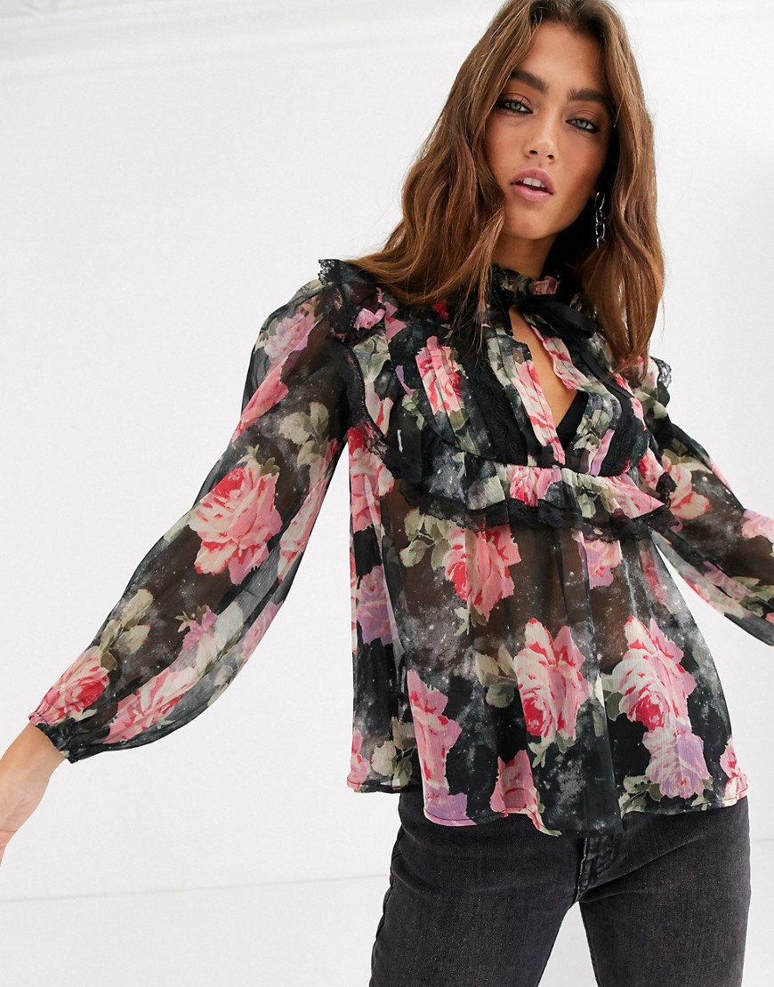 ASOS DESIGN floral blouse with ruffle and lace detail-Multi