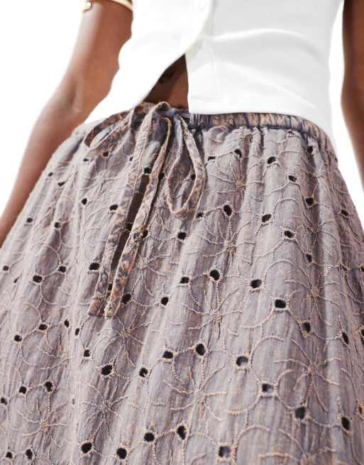 ASOS DESIGN floral broderie a line midi skirt in acid wash, 5 of 5