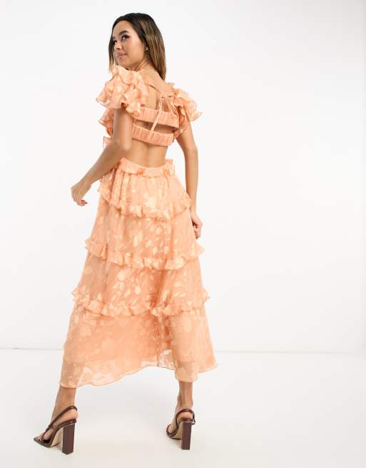 ASOS DESIGN floral burnout angel sleeve tiered maxi dress with cut out and elasticated back in peach, 2 of 4