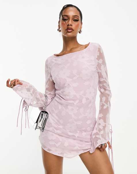 ASOS DESIGN floral burnout fit and flare mini dress with tie sleeves in lilac - view 1