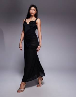 Asos Design Floral Bust Detail Bardot Maxi Dress With Draped Skirt In Black
