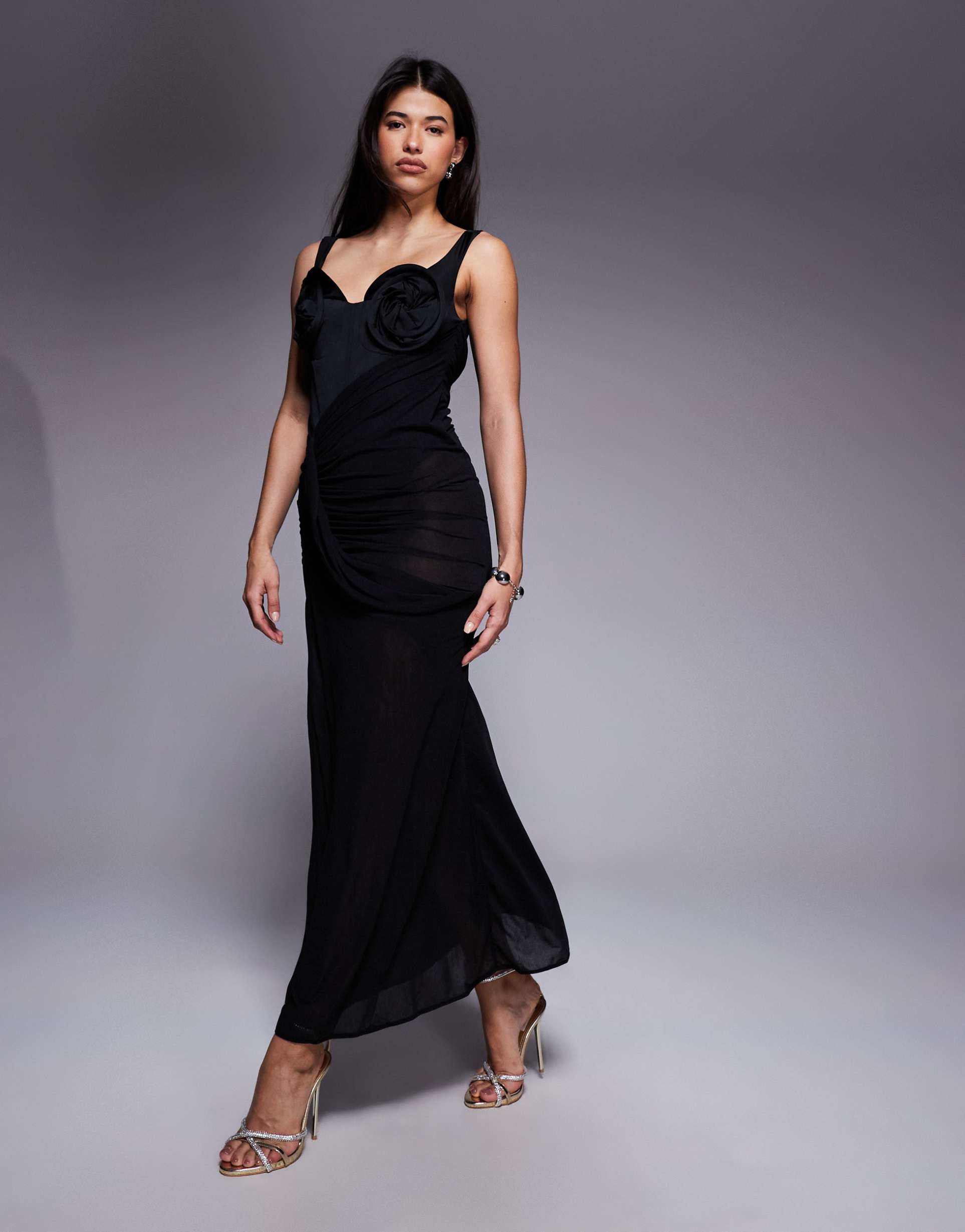 asos design floral bust detail bardot maxi dress with draped skirt in black
