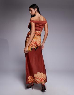 Asos Design Floral Bust Detail Bardot Maxi Dress With Draped Skirt In Red