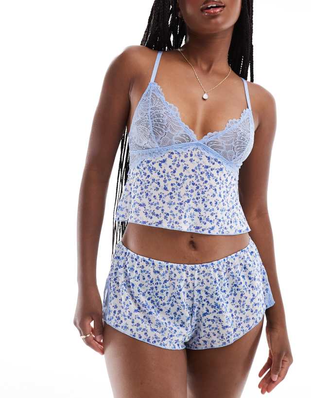 ASOS DESIGN - floral cami mesh and lace pyjama set in blue ditsy print