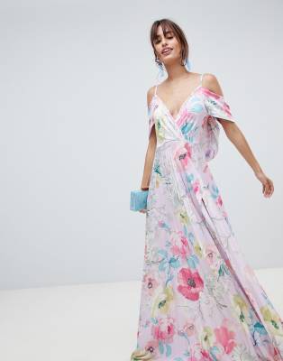 cold shoulder cowl back pleated maxi dress