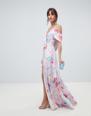 cold shoulder cowl back pleated maxi dress