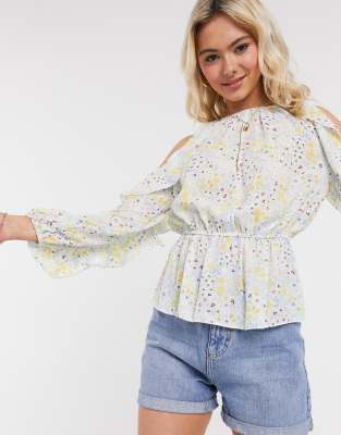 yellow floral cold shoulder top