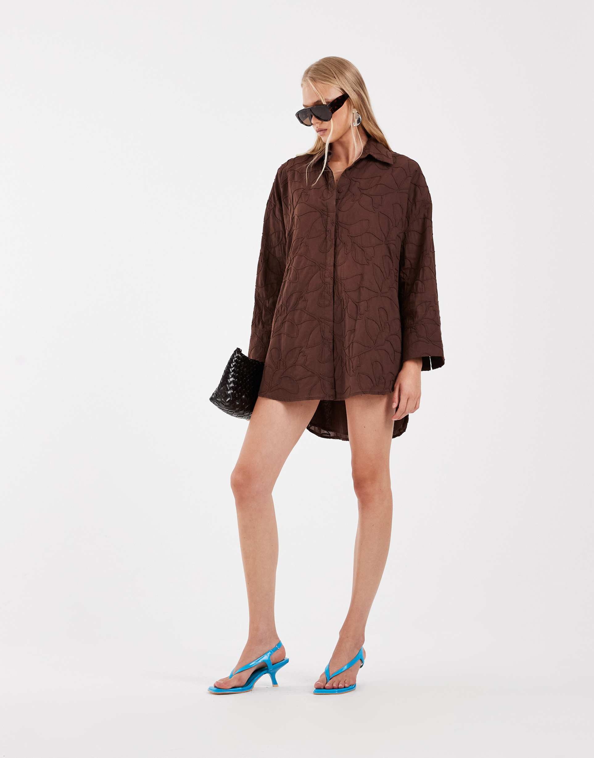 asos design floral cornelli embroidered mini shirt dress in chocolate