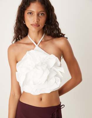 ASOS DESIGN floral corsage halter top in white - view 1