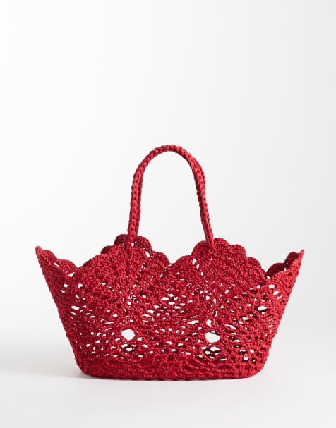 ASOS DESIGN floral crochet grab handle tote bag in cherry red - view 1