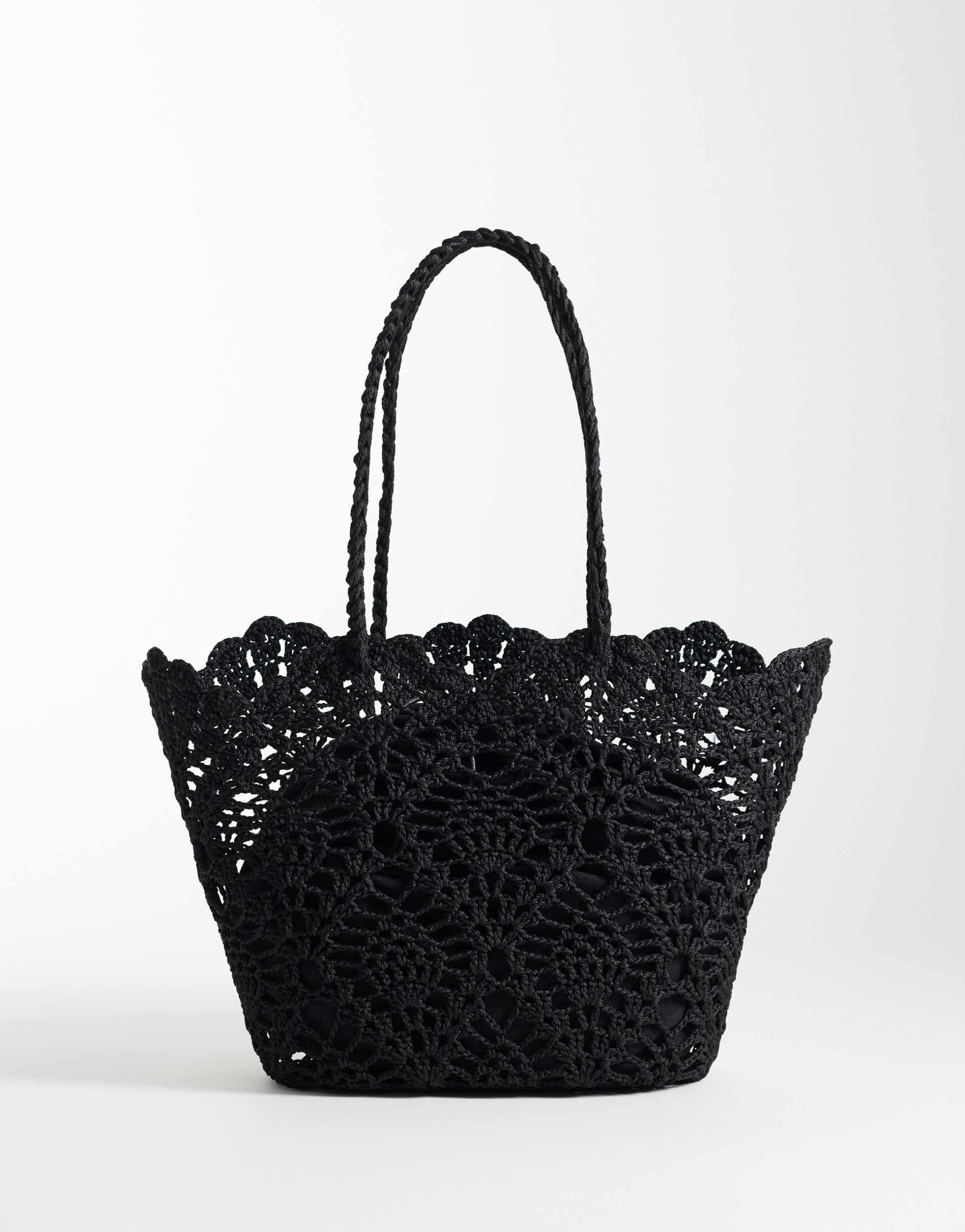asos design floral crochet grab handle tote bag with internal pouch in black