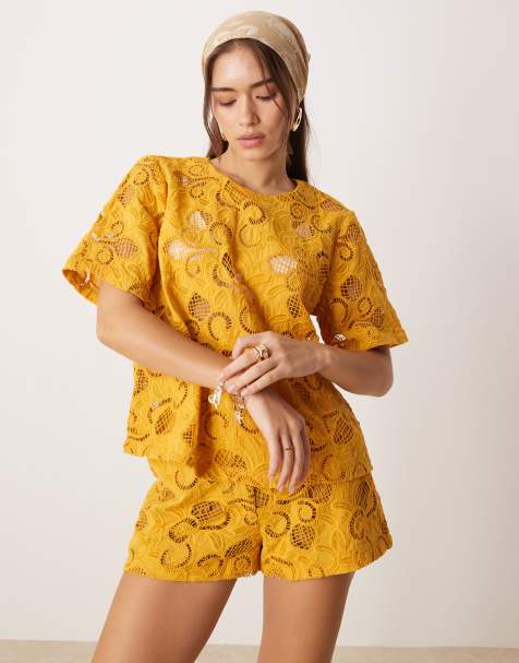 ASOS DESIGN floral cutwork top in ochre (part of a set) - view 1
