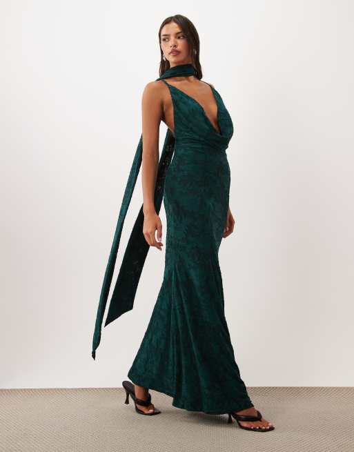 ASOS DESIGN floral devore deep cowl maxi dress with scarf detail in teal