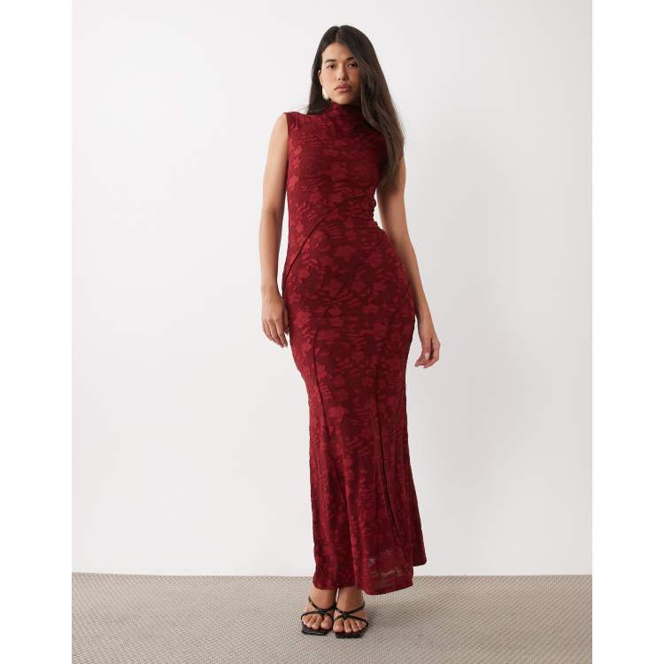 ASOS DESIGN floral devore exposed seam maxi with high neck and cap sleeve detail in burgundy