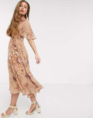 asos design floral tie back midi dress