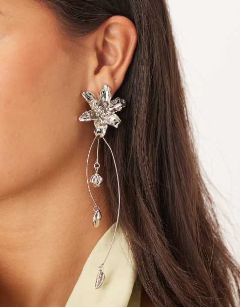 ASOS DESIGN floral drop stud earrings with wire design in silver tone - view 1