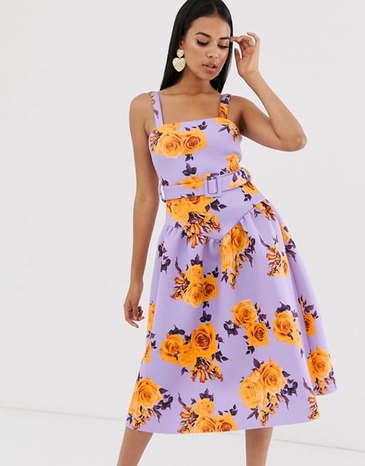 ASOS DESIGN floral drop waist prom midi dress with belt detail
