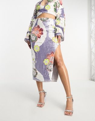 ASOS DESIGN floral embellished and sequin midi skirt co-ord with split in lilac