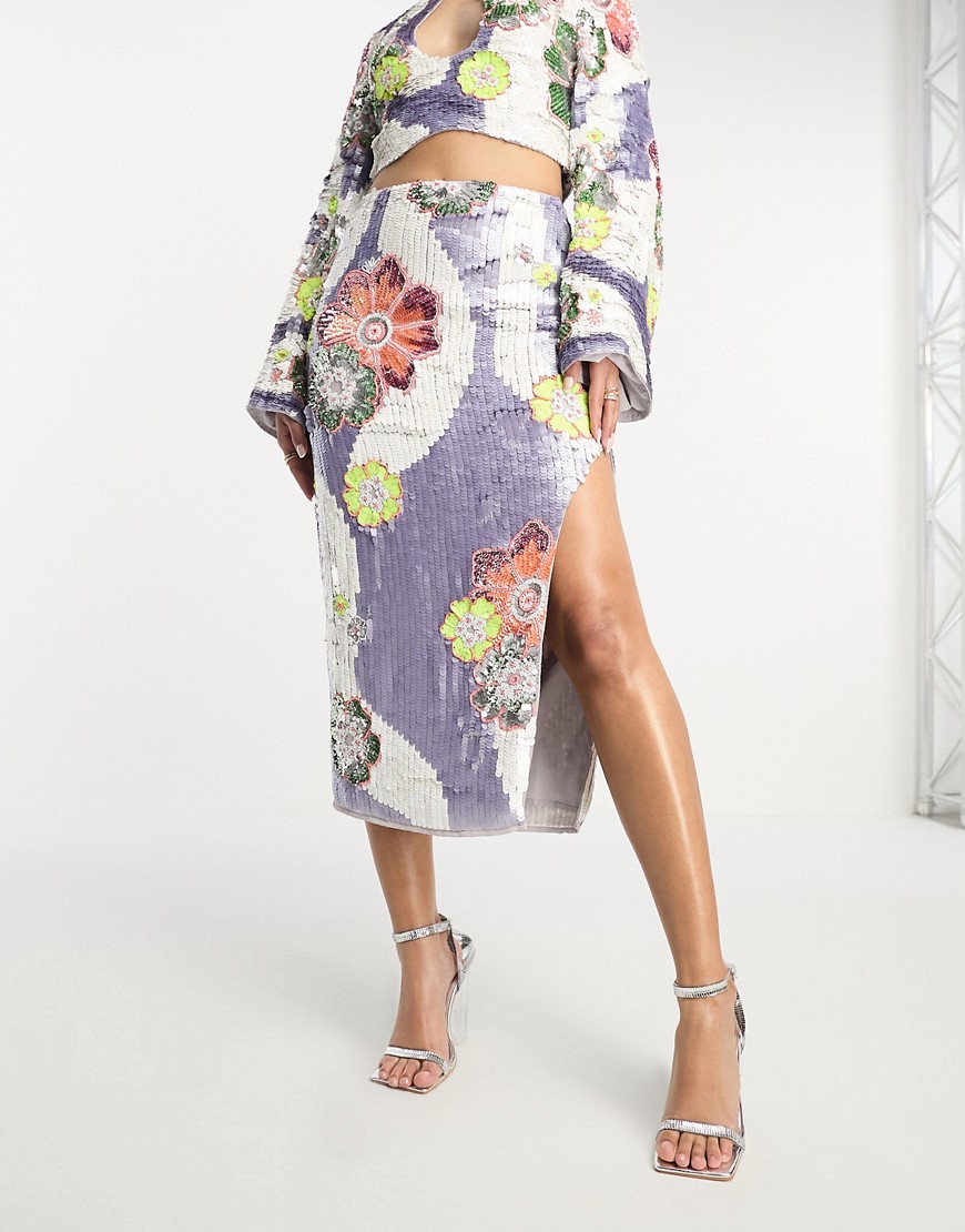 ASOS DESIGN floral embellished and sequin midi skirt co-ord with split in lilac-Purple