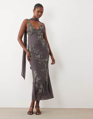 Asos Design Floral Embellished Cami Maxi Dress With Scarf In Burgundy