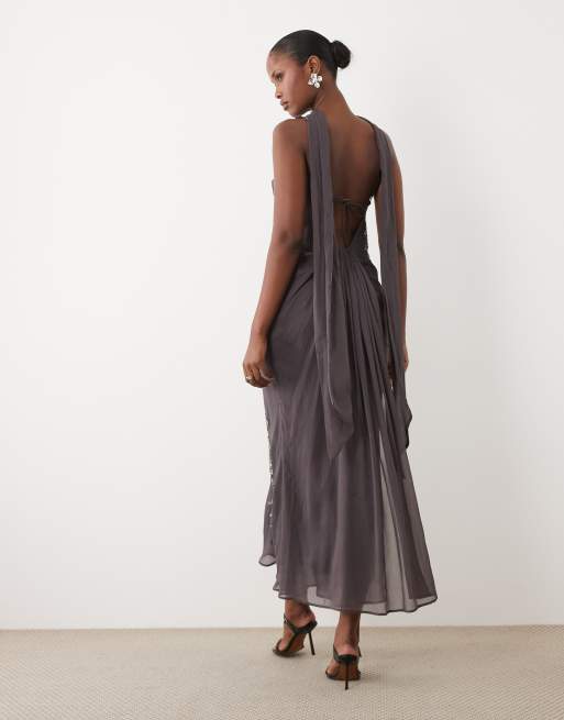 ASOS DESIGN floral embellished cami maxi dress with scarf in charcoal grey, 4 of 4