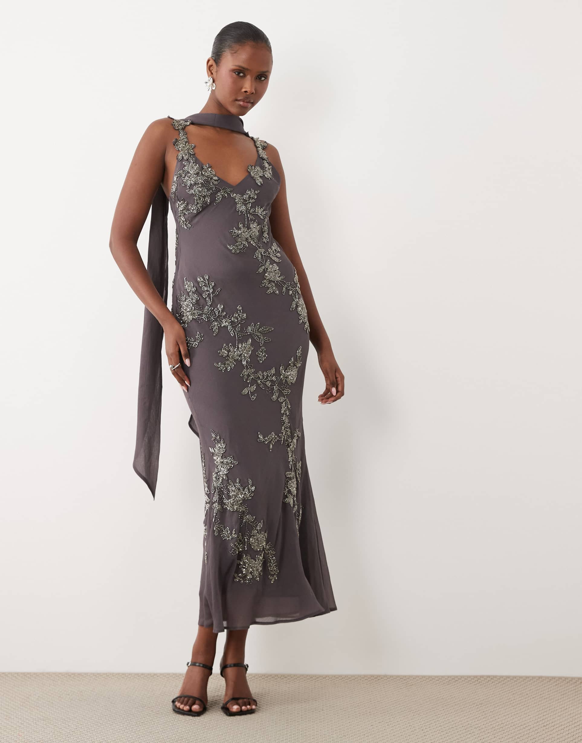 asos design floral embellished cami midaxi dress with scarf in charcoal gray