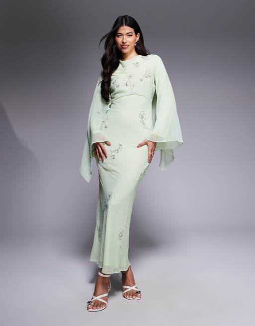 ASOS DESIGN floral embellished cape detail bias cut maxi dress with cowl neck in sage green