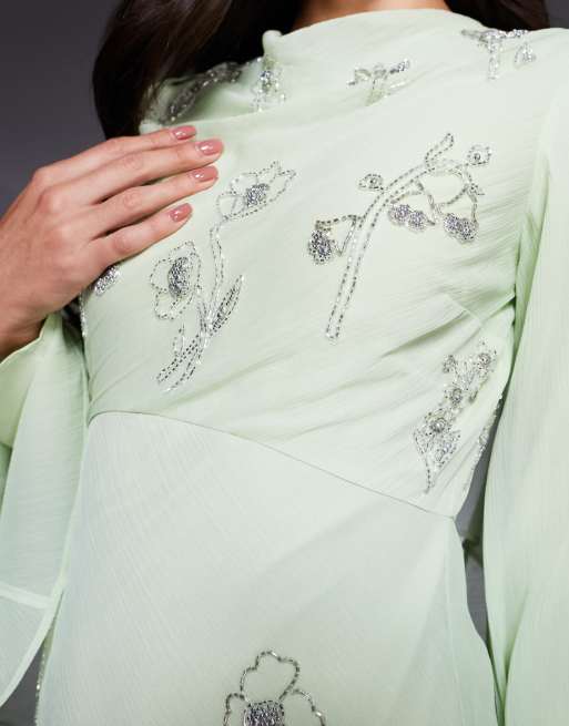 ASOS DESIGN floral embellished cape detail bias cut maxi dress with cowl neck in sage green