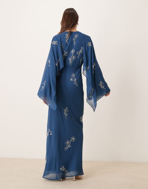 ASOS DESIGN floral embellished cape detail bias maxi dress with cowl neck in dark blue