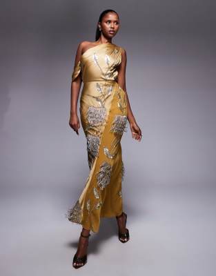 Asos Design Floral Embellished Chiffon Satin Mix Maxi Dress In Yellow