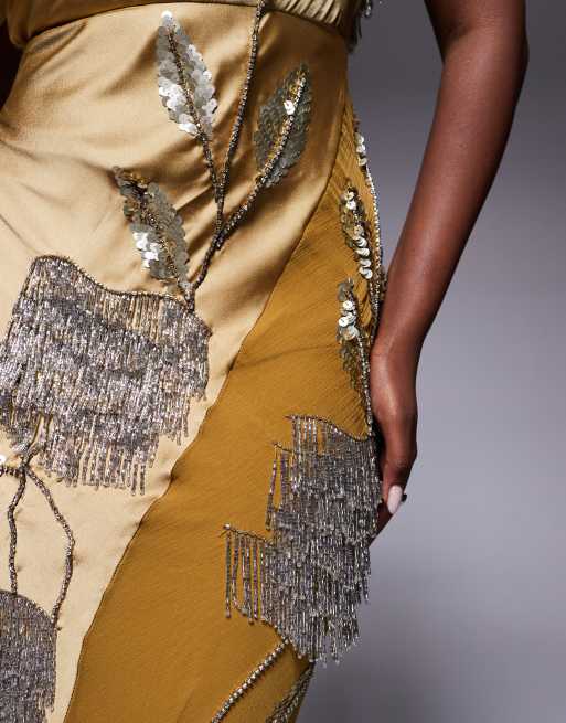 ASOS DESIGN floral embellished chiffon satin mix maxi dress in ochre