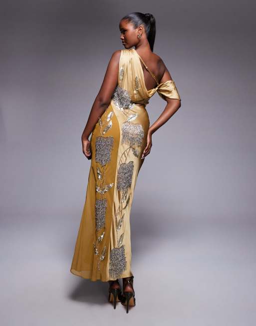 ASOS DESIGN floral embellished chiffon satin mix maxi dress in ochre