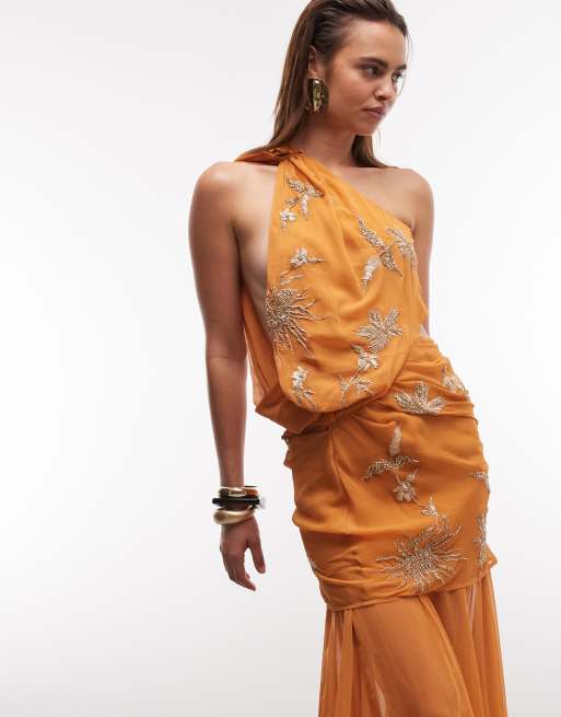 ASOS DESIGN floral embellished halter maxi dress in orange, 2 of 7