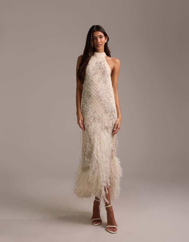 ASOS DESIGN floral embellished halter maxi wedding dress with fringe hem in  ivory | ASOS