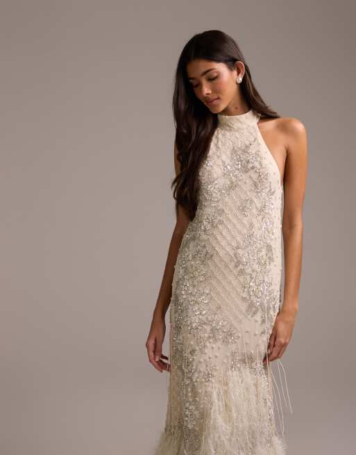 ASOS DESIGN floral embellished halter maxi wedding dress with fringe hem in  ivory | ASOS