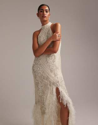 ASOS DESIGN ASOS DESIGN floral embellished halter maxi wedding dress with fringe hem-White