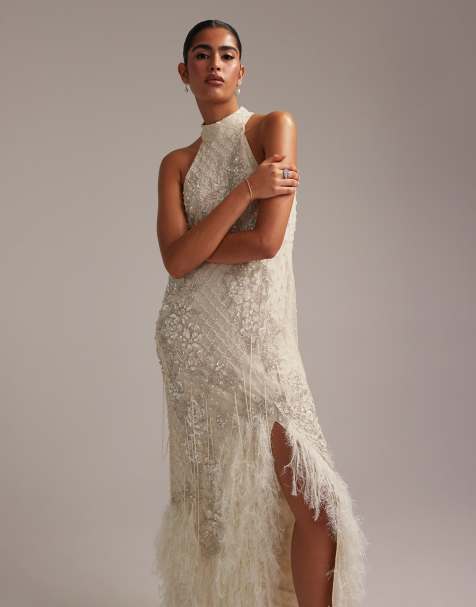 ASOS DESIGN floral embellished halter maxi wedding dress with fringe hem - view 1