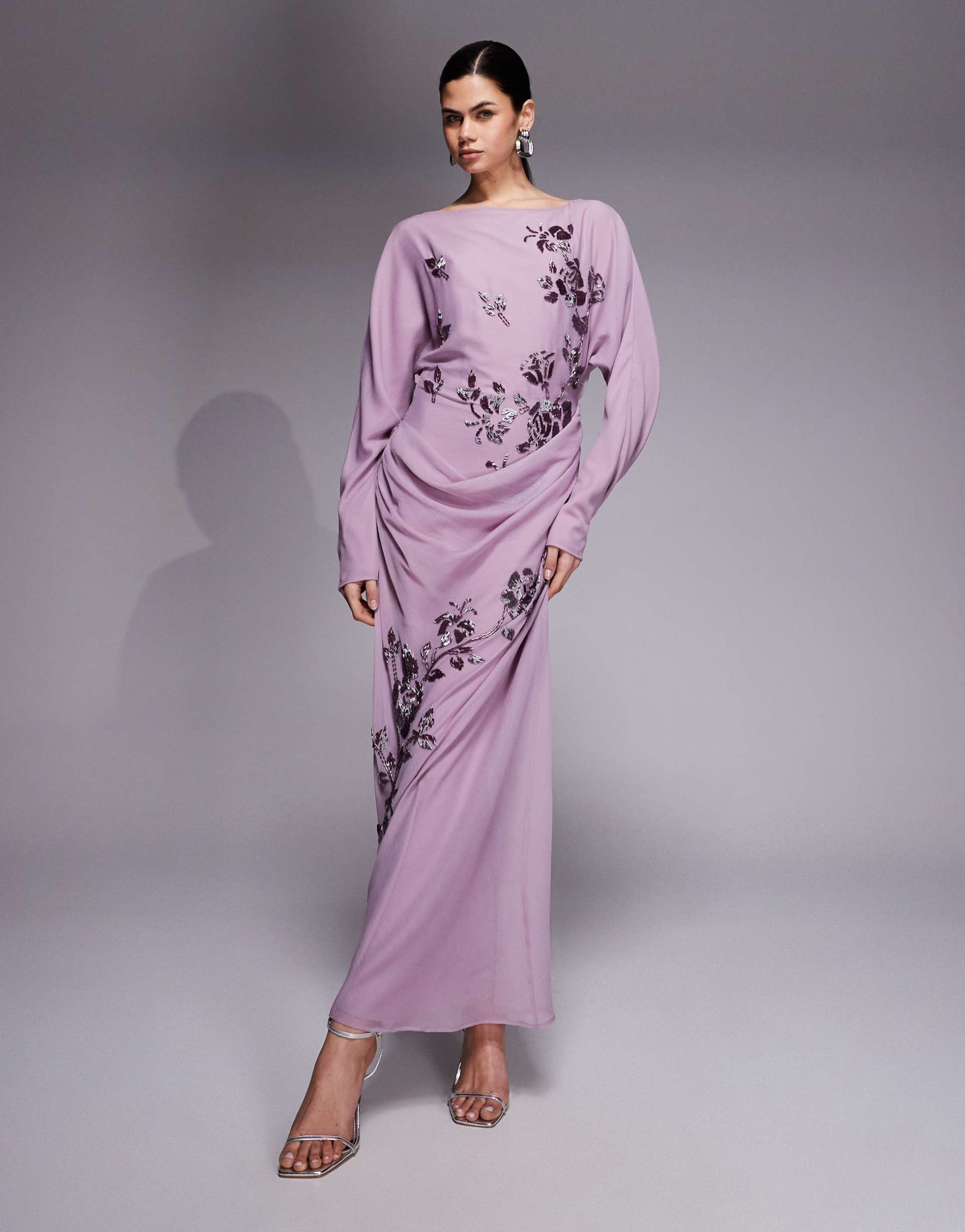 asos design floral embellished long sleeve draped maxi dress in mauve