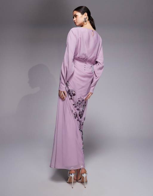 ASOS DESIGN floral embellished long sleeve draped maxi dress in mauve, 3 of 4