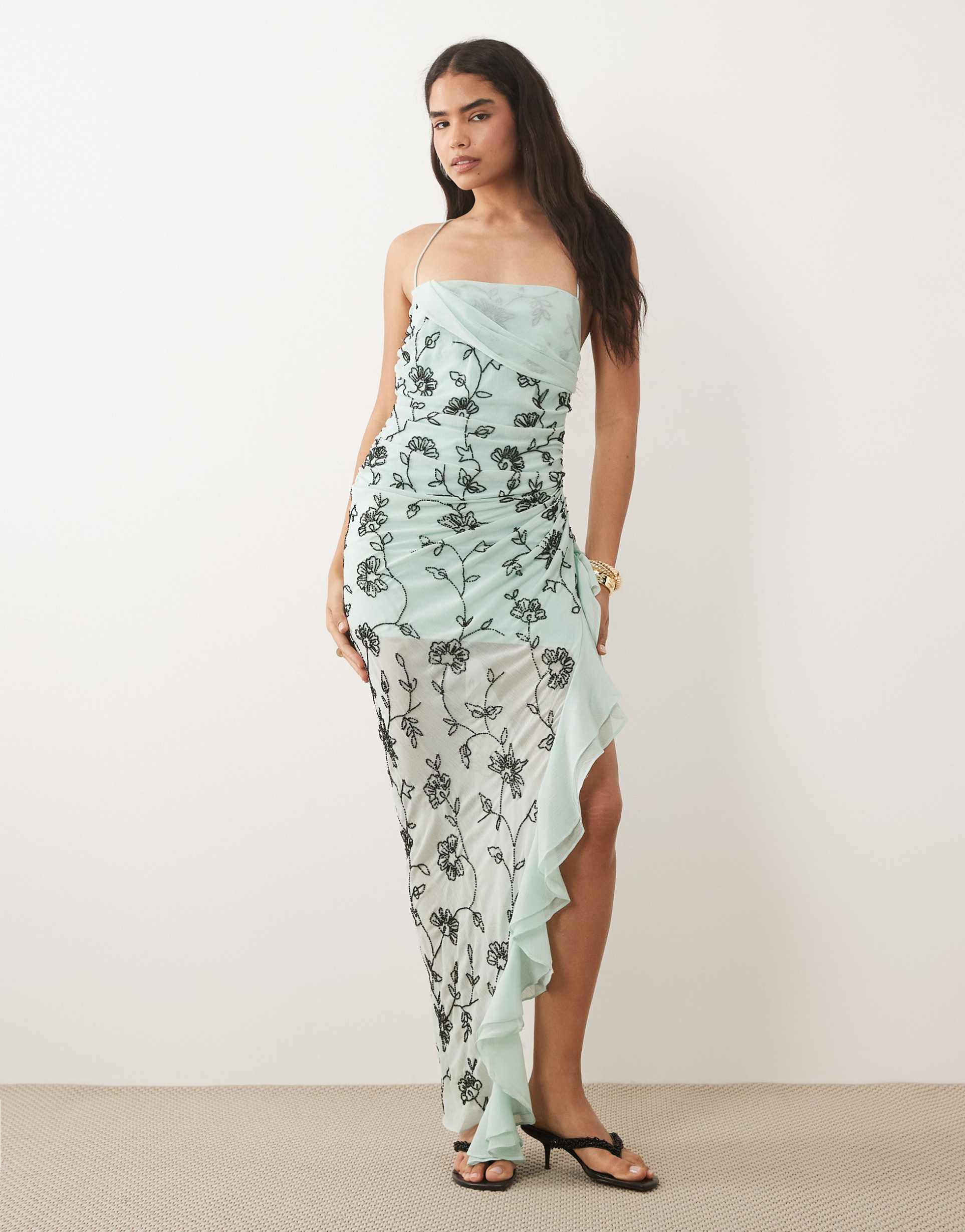 asos design floral embellished maxi dress in blue