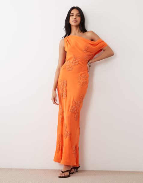ASOS DESIGN floral embellished maxi dress with draped fallen shoulder in orange - view 1