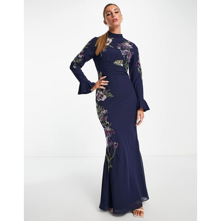 ASOS DESIGN floral embellished maxi dress with flared cuff detail in navy