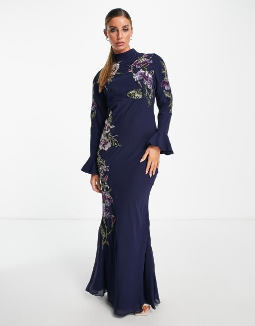 ASOS DESIGN floral embellished maxi dress with flared cuff detail in navy