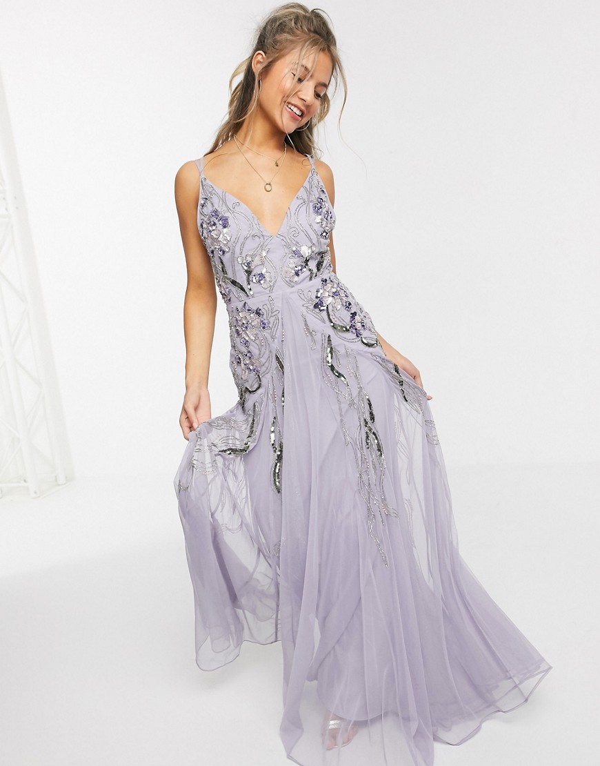 ASOS DESIGN floral embellished mesh godet maxi dress in lilac-Purple