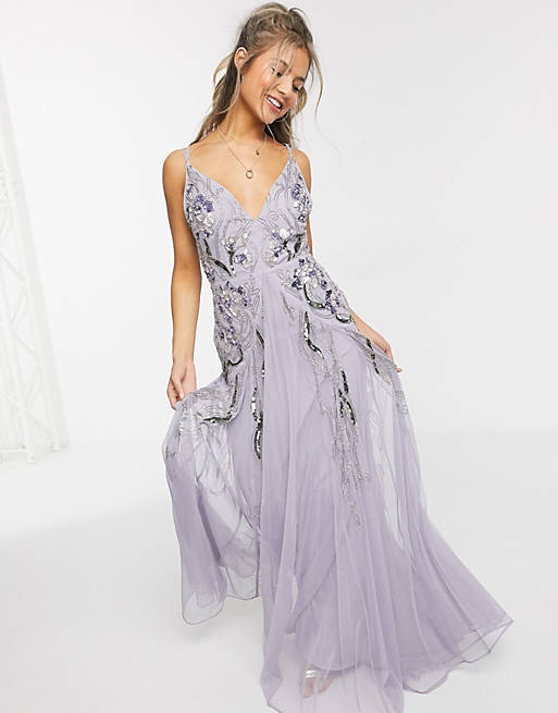 ASOS DESIGN floral embellished mesh godet maxi dress in lilac