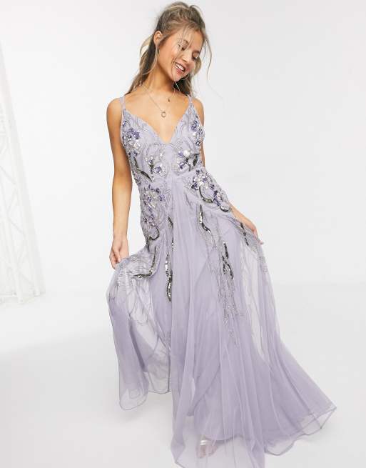 Asos Design Floral Embellished Mesh Godet Maxi Dress In Lilac Asos 