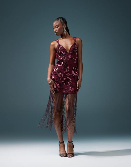 ASOS DESIGN floral embellished mini dress with beaded fringe in burgundy