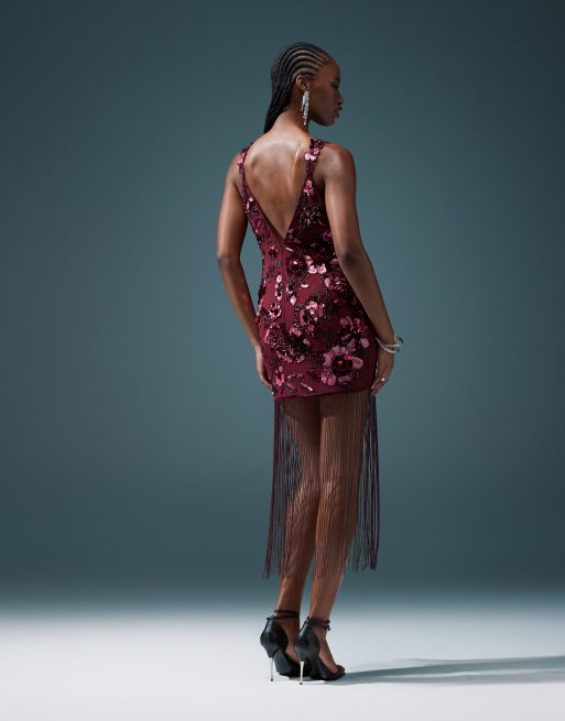 ASOS DESIGN floral embellished mini dress with beaded fringe in burgundy, 3 of 4