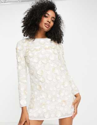 ASOS DESIGN FLORAL EMBELLISHED MINI SHIFT DRESS-WHITE